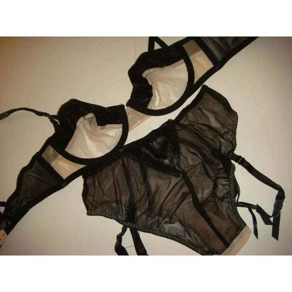 Victoria's Secret unlined 34B BRA SET+CORSET+GARTER panty NUDE Beige Black satin